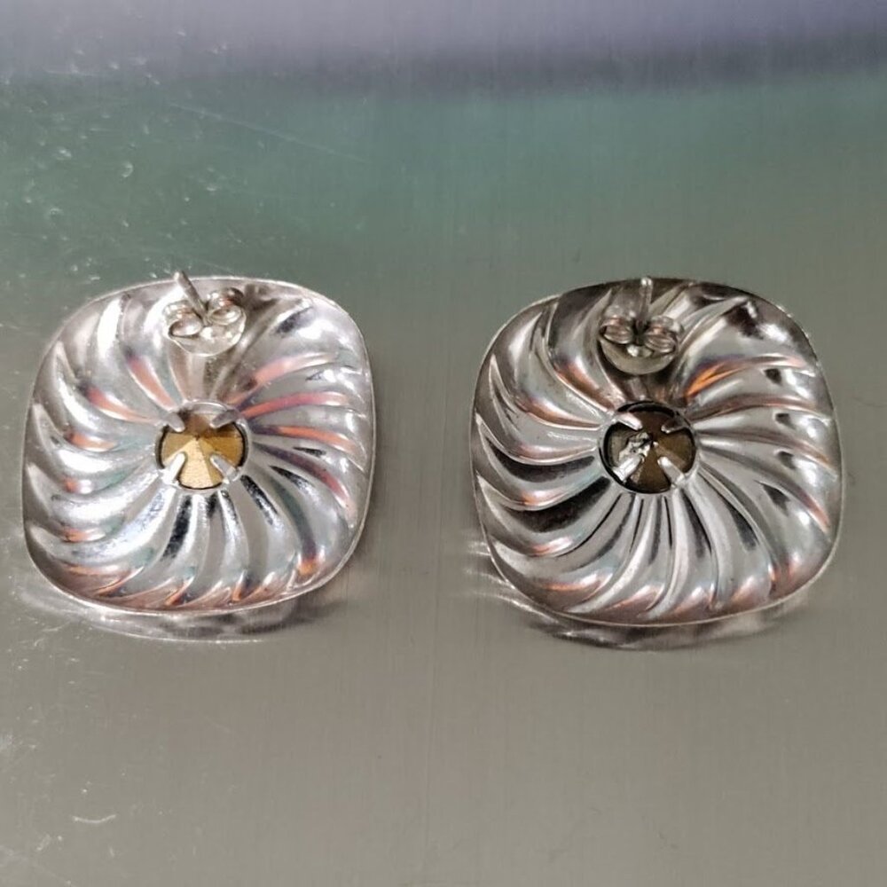 Sterling Silver Square Swirl Earrings With Pinkish Stone Centers - Picture 2 of 6